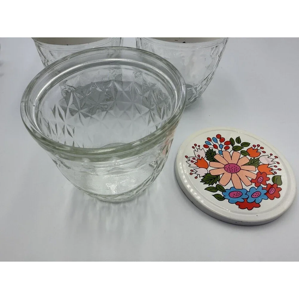 1960's Ball Quilted Glass #810 Jelly Jars White Floral Metal Caps Set 4 MCM